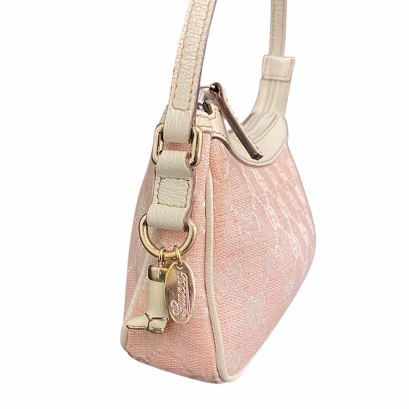 Authentic Gucci Pink Canvas Baguette Shoulder/Handbag Off-White Leather Trim Y2K - Picture 2 of 13